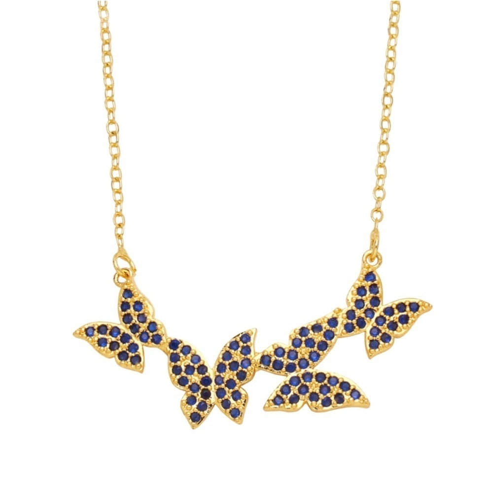 Gold-Plated Blue Crystal Butterfly Necklace – Elegant Short Chain Statement Jewe